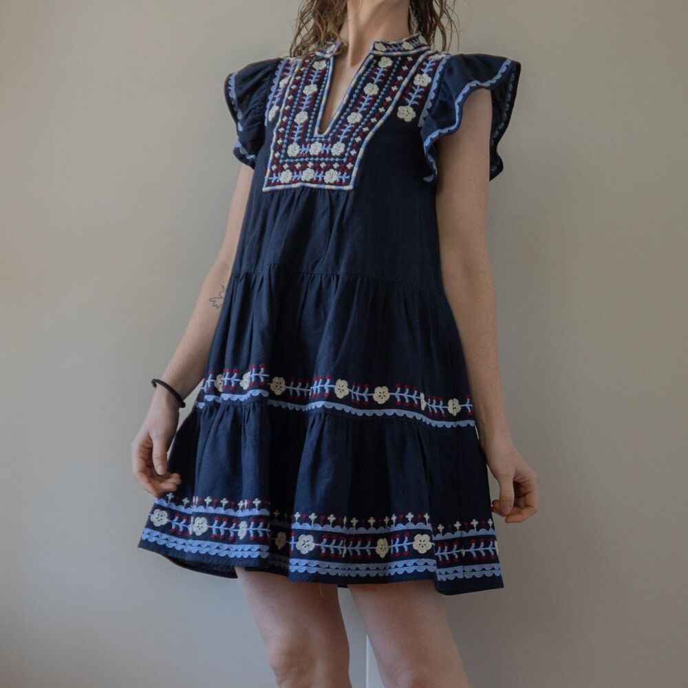 Navy Blue SEA Embroidered Ruffle Summer Shaina Flutter Fourth of July Mini Dress - Picture 10 of 10